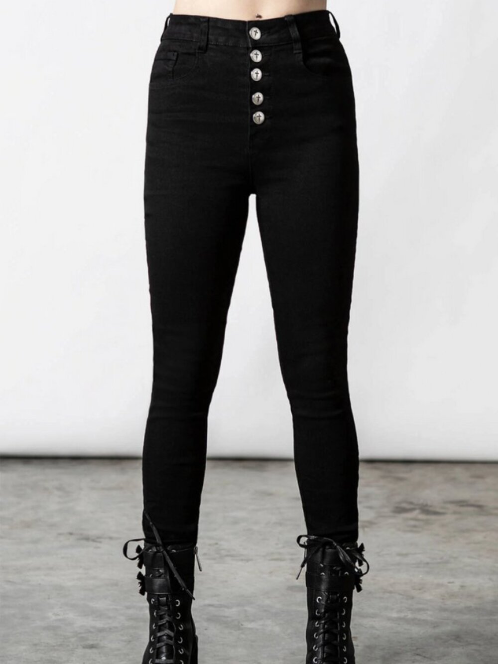 RARE Killstar Ravens Cross skinny jeans LARGE cross buttons high waist NWT